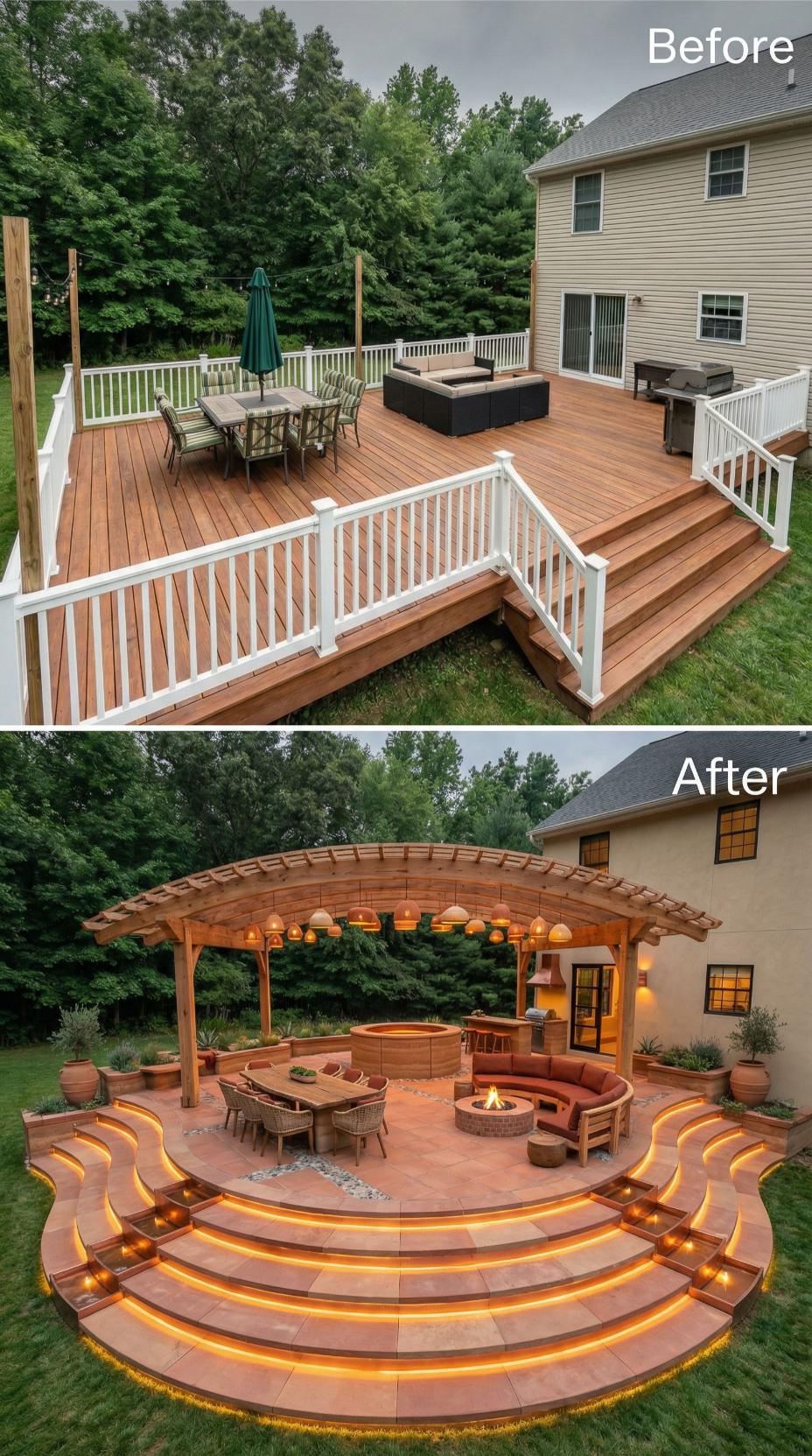 Terraced Steps with LED Risers and Cedar Pergola Anchor Resort-Style Patio
