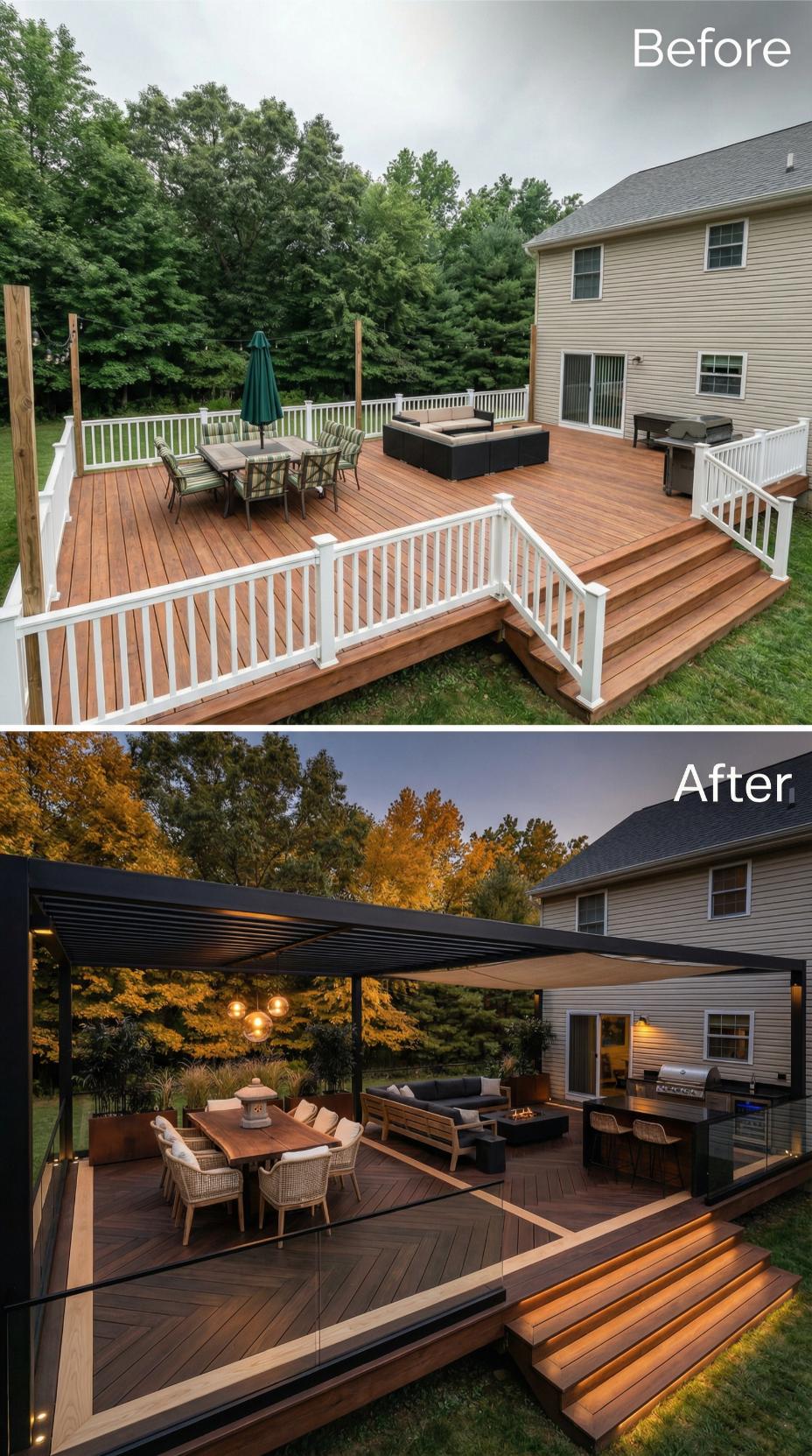 Charcoal Composite Flooring and Pergola Replace Dated Cedar Rails
