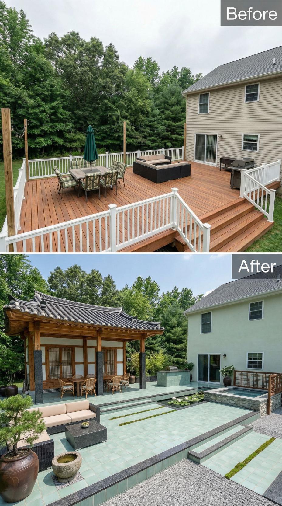 Asian-Inspired Pavilion with Slatted Screens Over Geometric Pavers