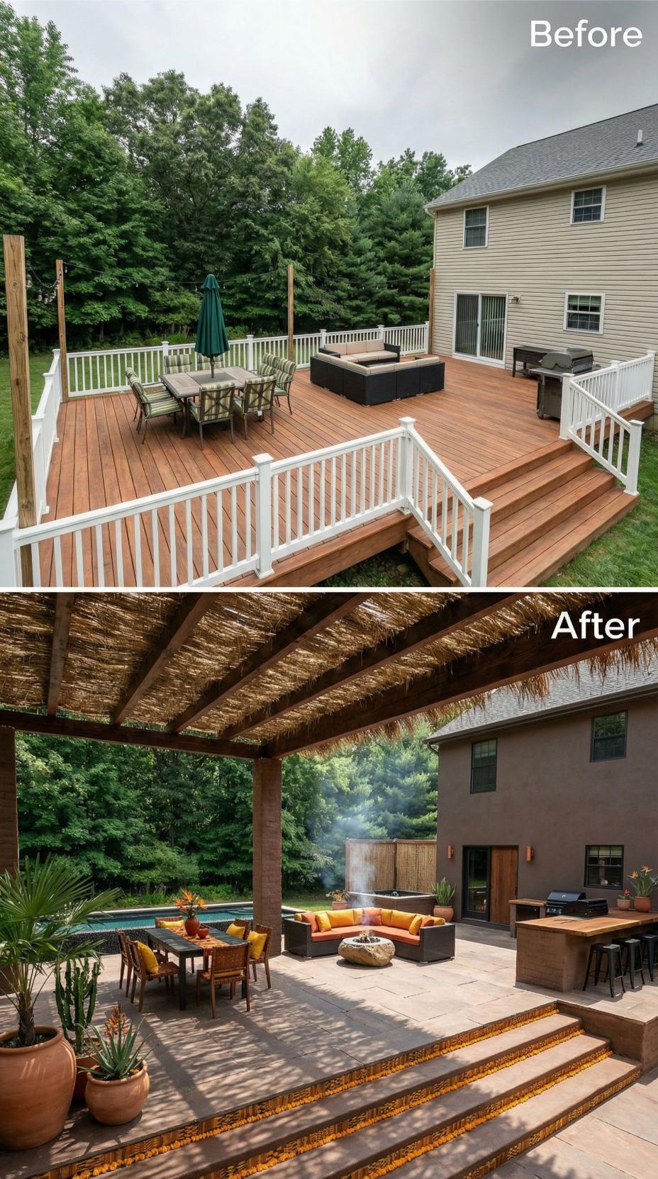Thatched Bamboo Pavilion and Fire Bowl Replace Dated Railed Deck
