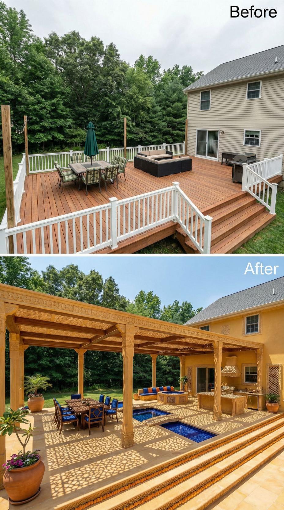 Cedar Pergola with Blue Cushioned Lounge and Outdoor Kitchen