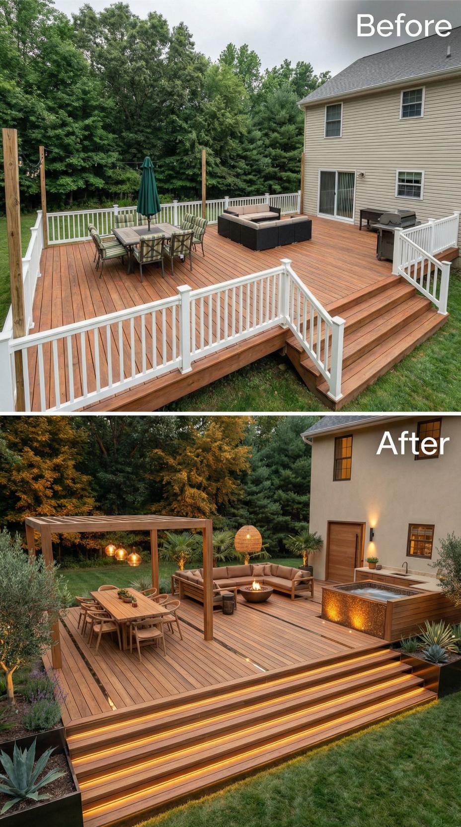 Ipe Deck with Integrated Hot Tub and Layered Pergola Zones