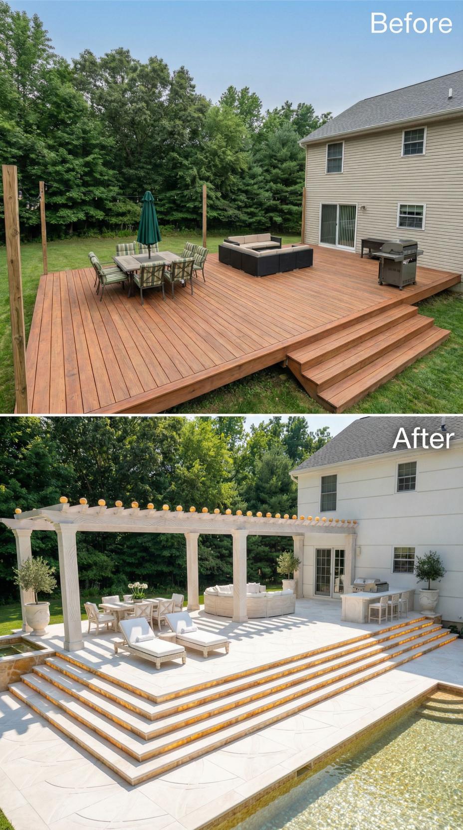 Coffered White Pergola and Tiered Stone Steps Over Pool Deck