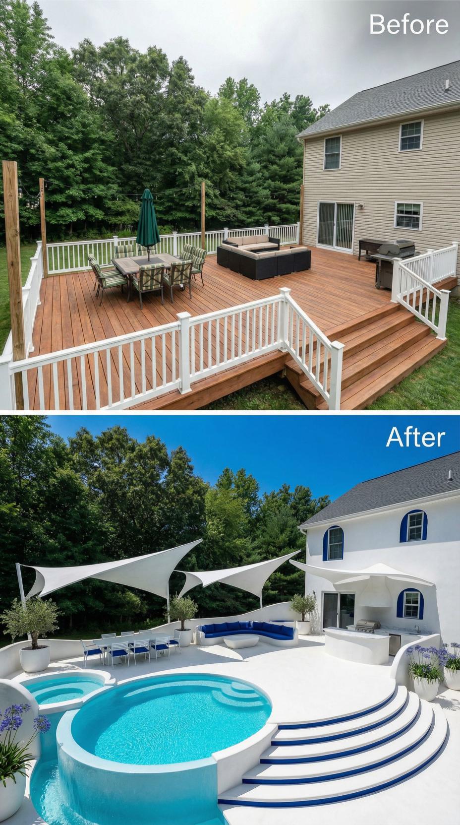 Santorini-Inspired White Stucco with Freeform Pool and Sail Shades