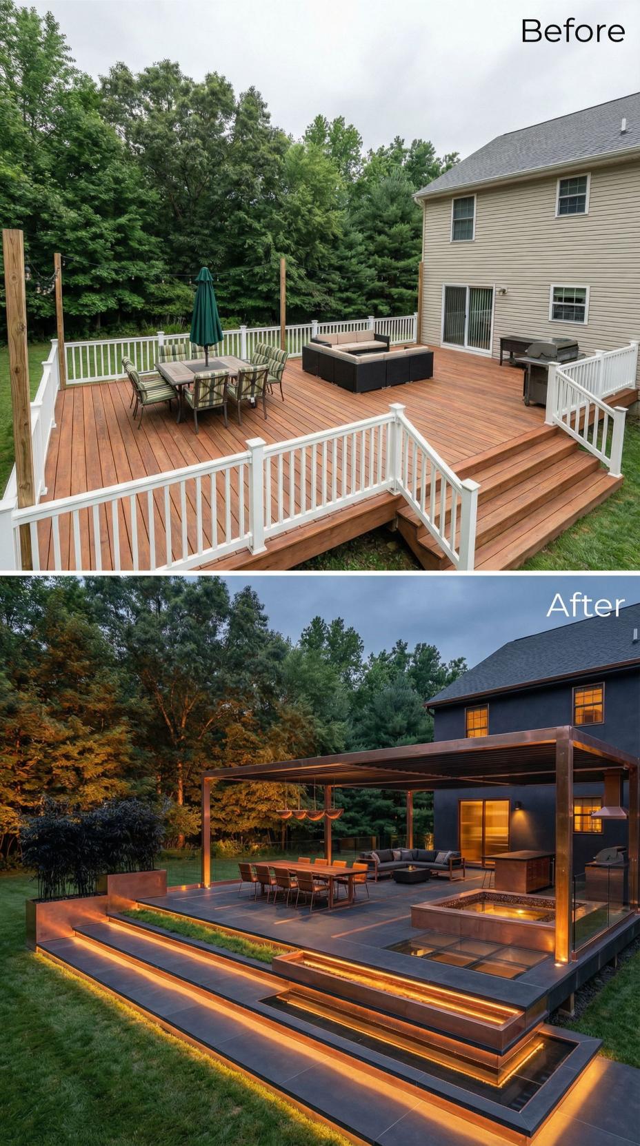 Cantilevered Steel Pergola and Charcoal Composite Replace Wood Railings