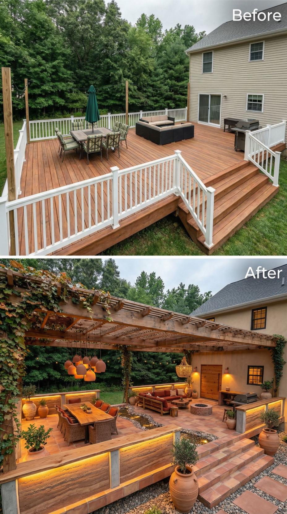 Layered Cedar Pergola with Ivy Canopy and Multi-Level Paver Lounge