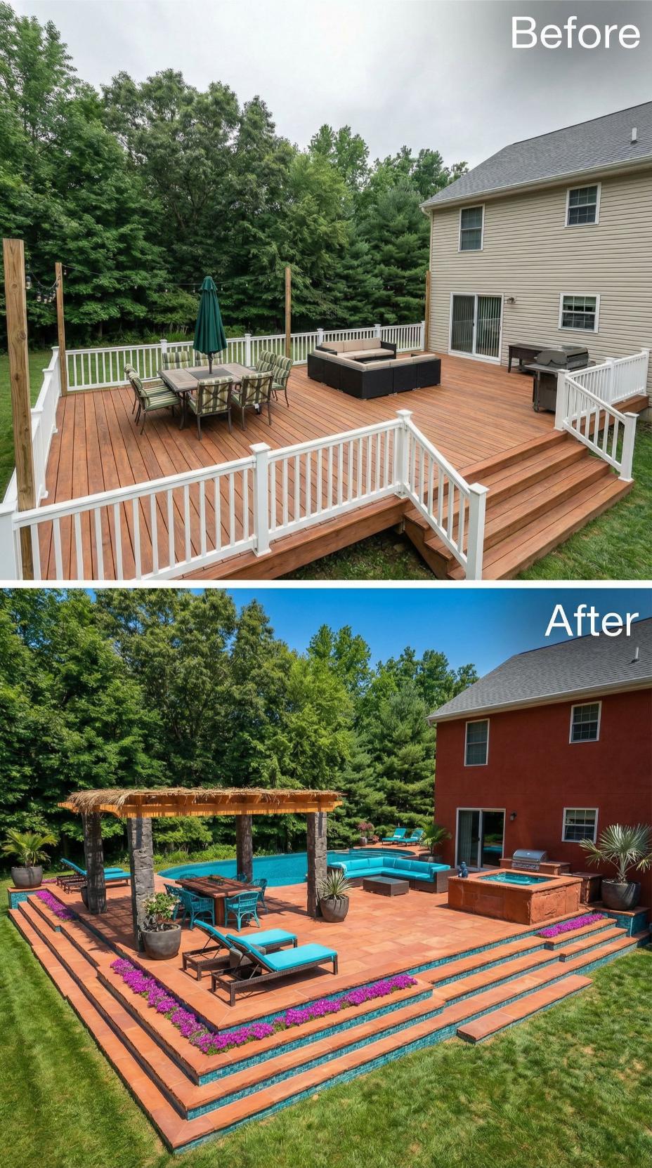 Turquoise Gravel Bands and Faux Stone Pergola with Resort Pool