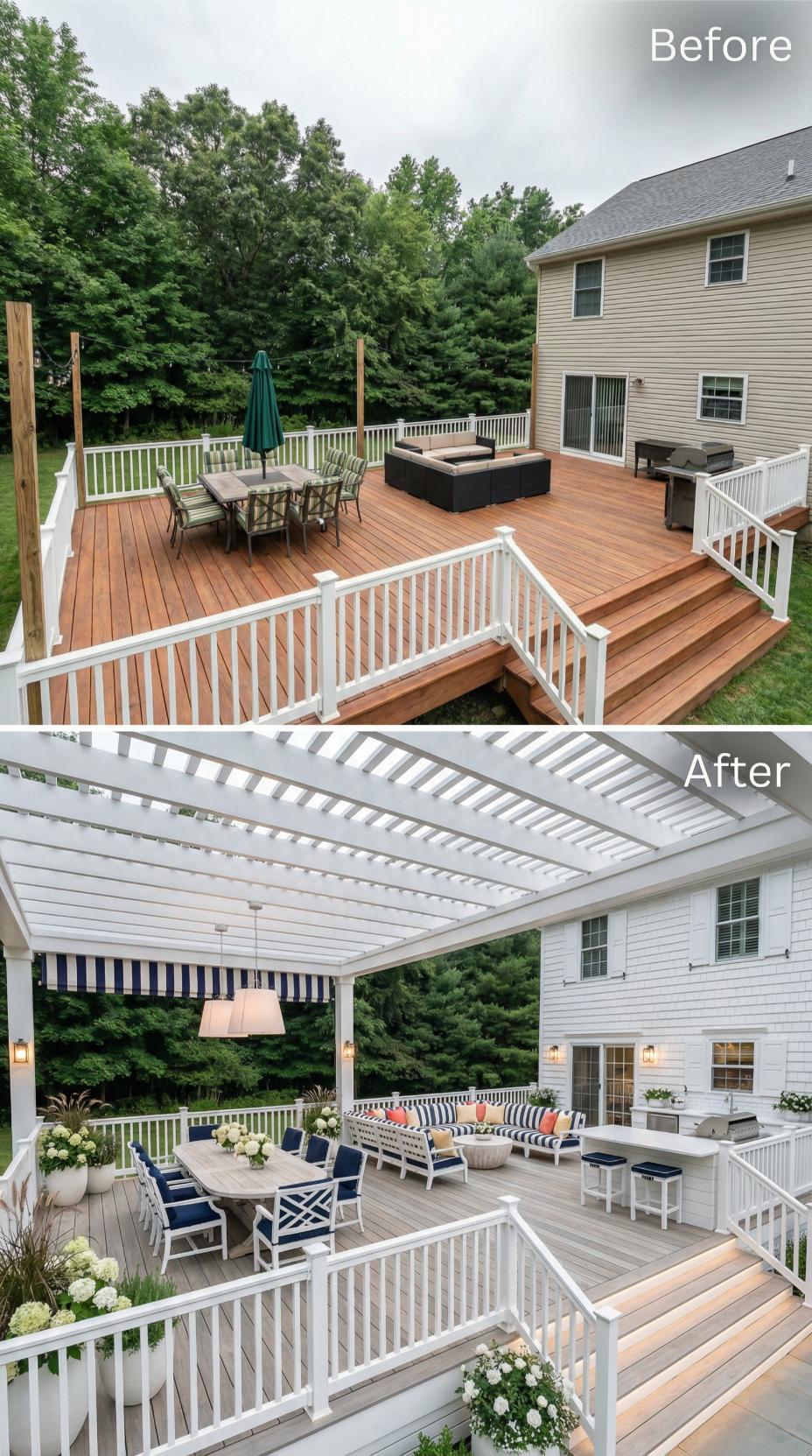 Louvered White Pergola Replaces Basic Open Deck Layout