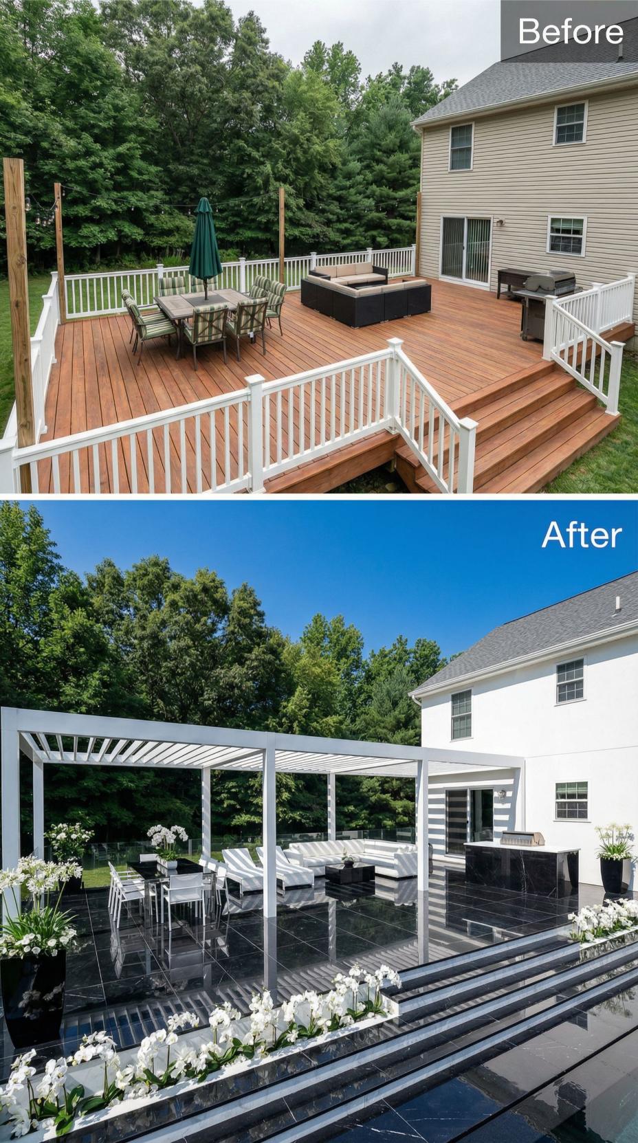 Monochrome Pergola with Black Marble Steps Replaces Natural Wood