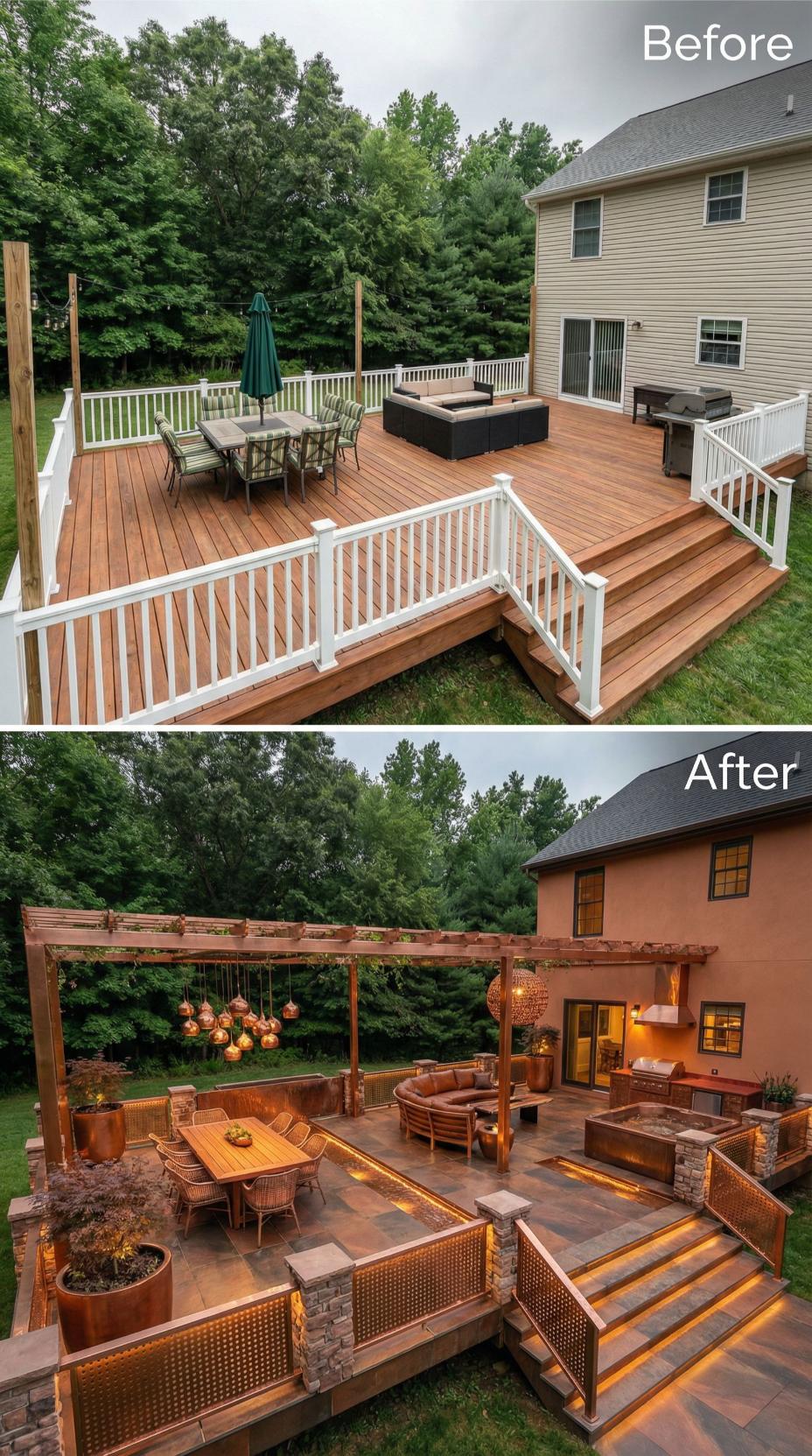 Cedar Pergola and Stone Pavers Convert Traditional Deck Space