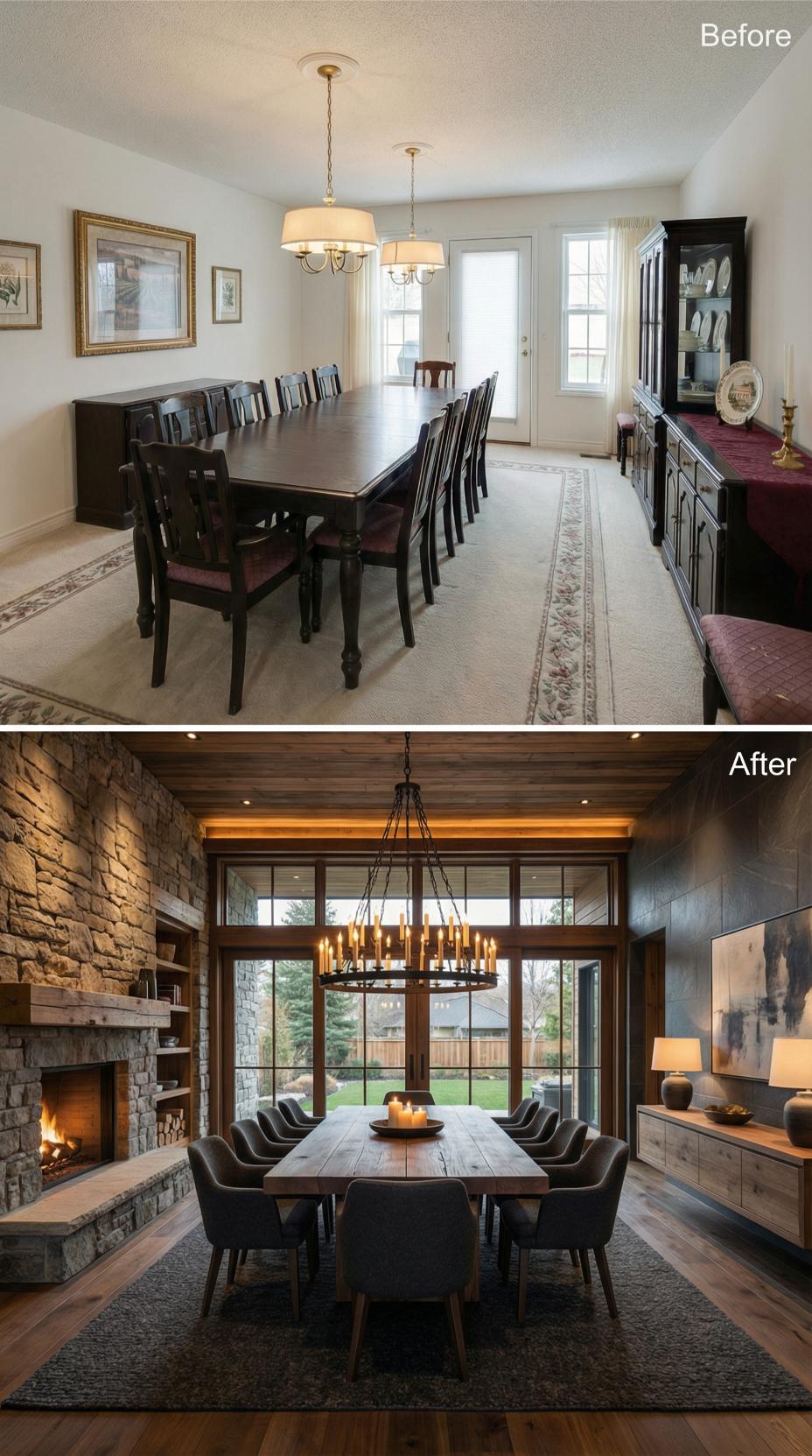 Stone Fireplace and Timber Ceiling Replace White Walls and Beige Carpet