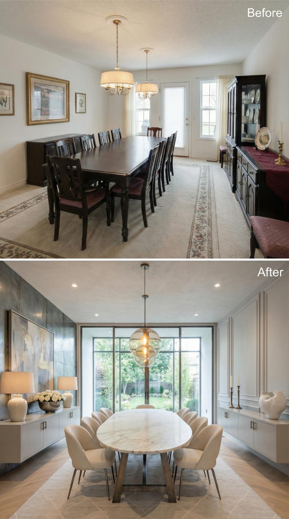 Round Marble Table and Glass Globe Pendant Replace Rectangular Wood Setup