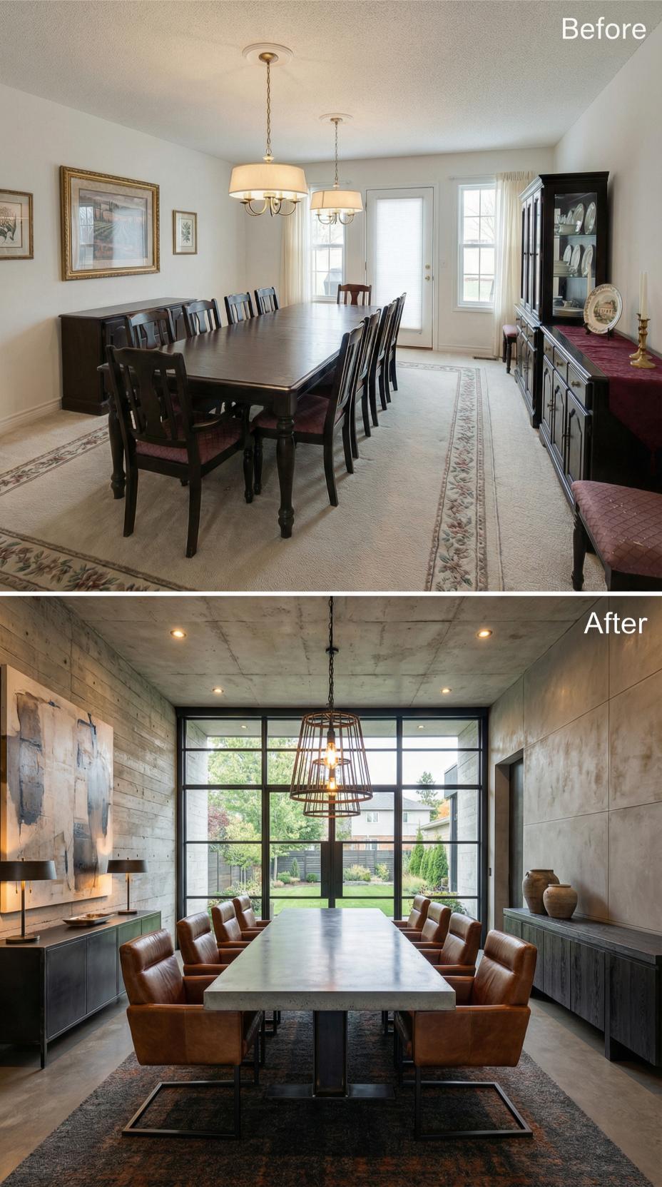 Reclaimed Wood Planks and Industrial Cage Pendant Replace Cream Formality