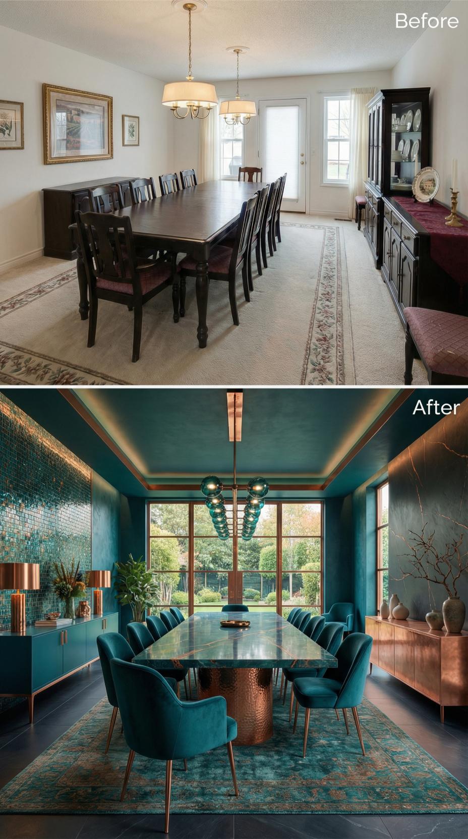 Teal Mosaic Tile and Copper Accents Replace Beige Neutrality