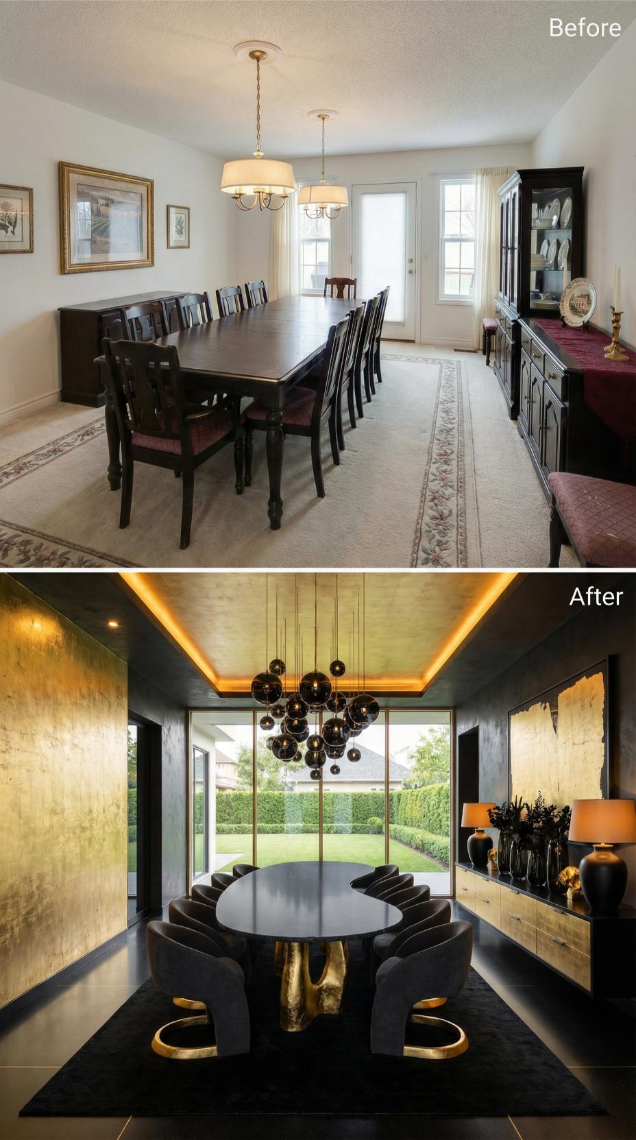 Gold Leaf Walls and Recessed Ceiling Lighting Replace Carpet and Beige