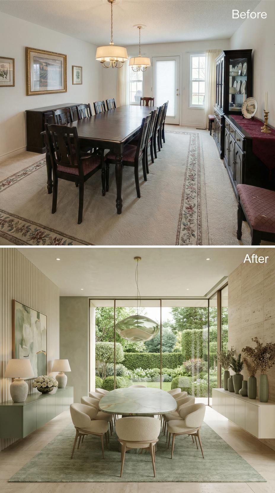 Floor-to-Ceiling Glass and Celadon Paneling Replace Dark Furniture