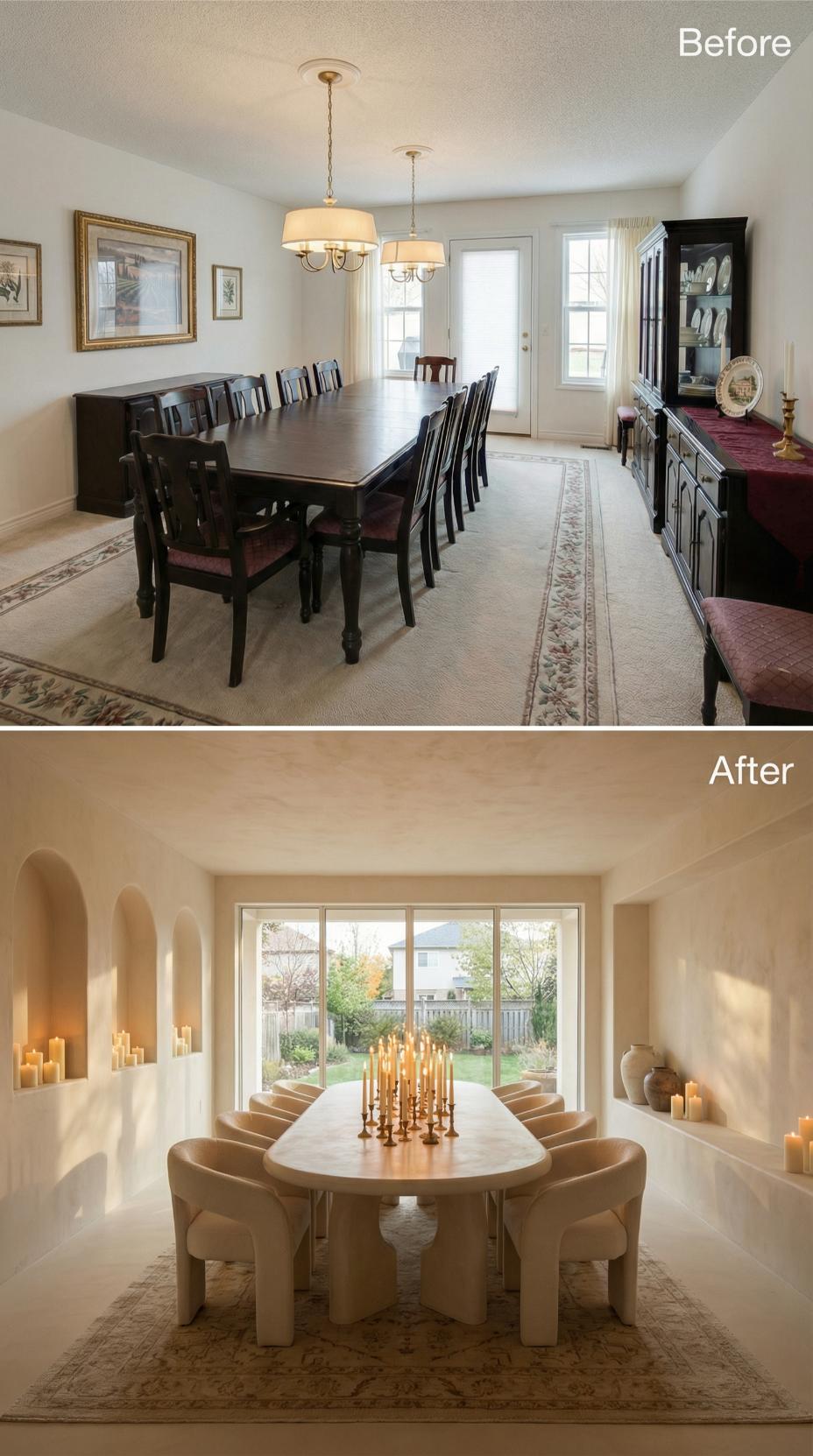 Oval Travertine Table and Arched Niches Replace Dated Carpet and Dark Furniture