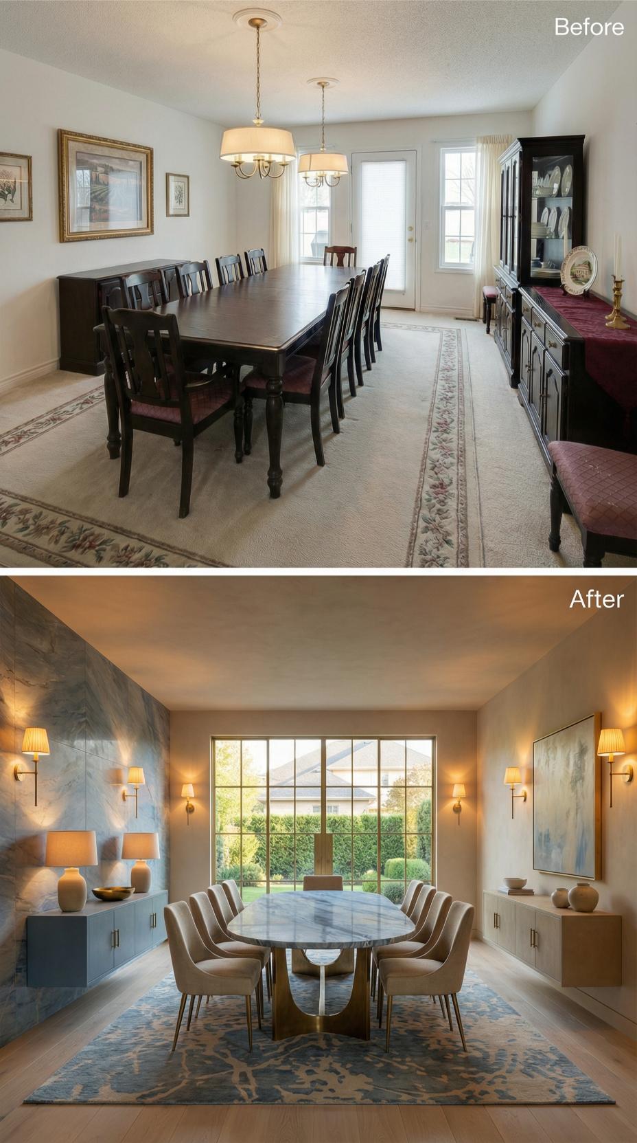 Oval Marble Table and Wall Sconces Replace Traditional Pendant Lighting