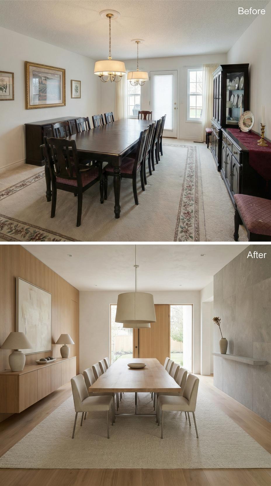 Blonde Oak Paneling and Upholstered Neutrals Replace Dark Wood Formality