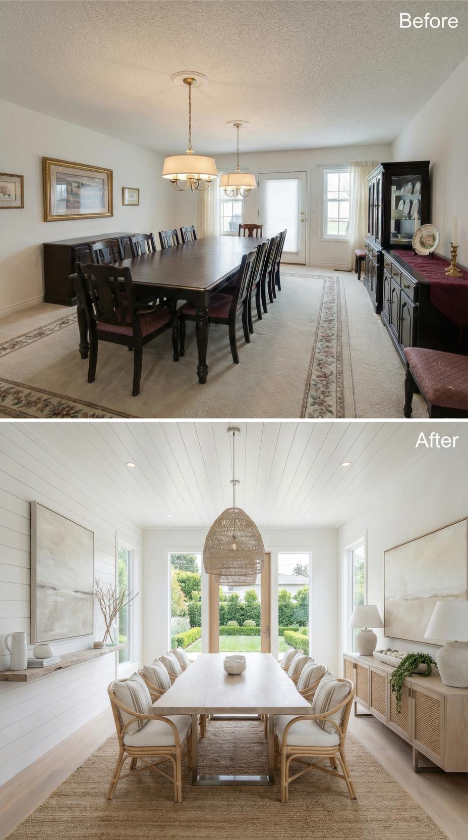 Shiplap Ceiling and Rattan Pendant Replace Carpeted Formality