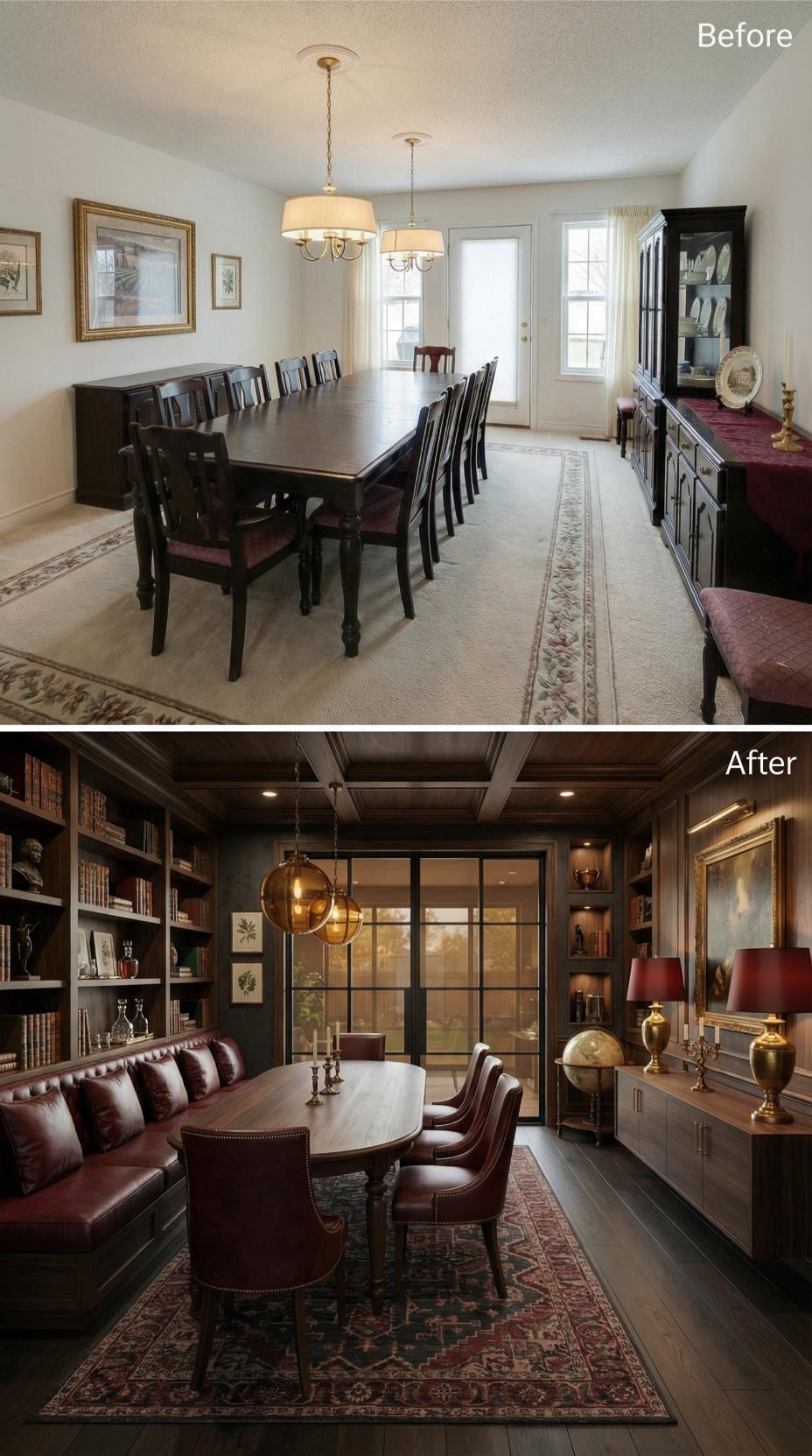 Coffered Ceiling and Leather Banquette Replace Beige Walls