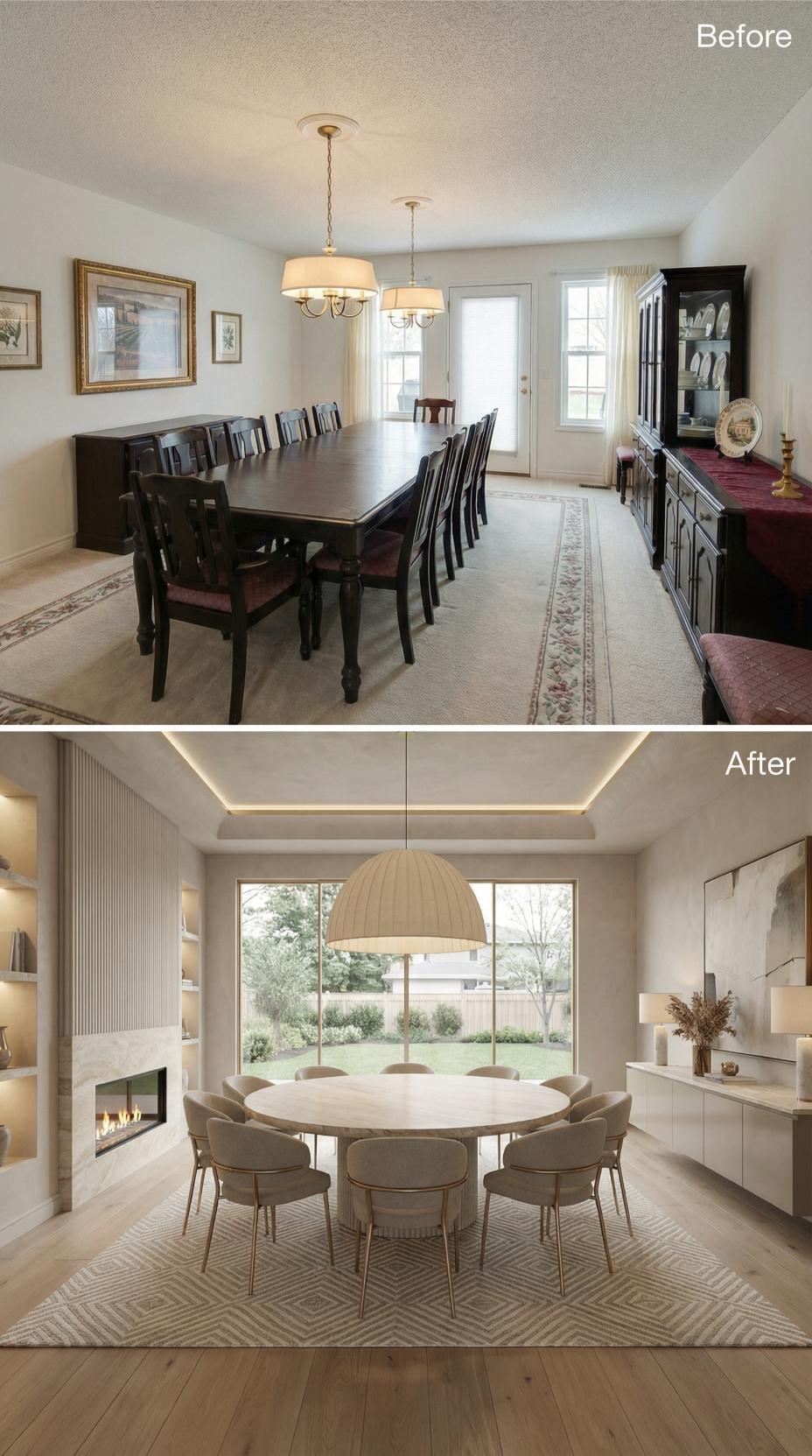 Round Bleached Oak Table and Cove Lighting Replace Dark Wood Dining Set