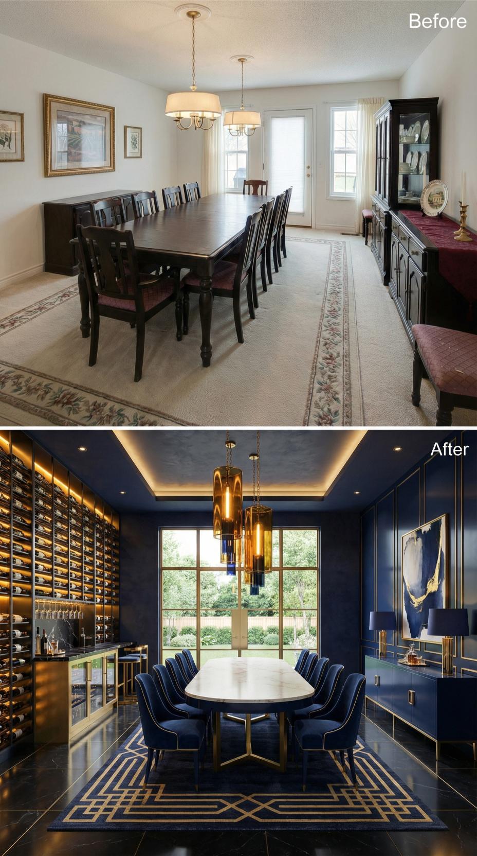 Navy Lacquered Walls and Wine Display Replace Beige Formality