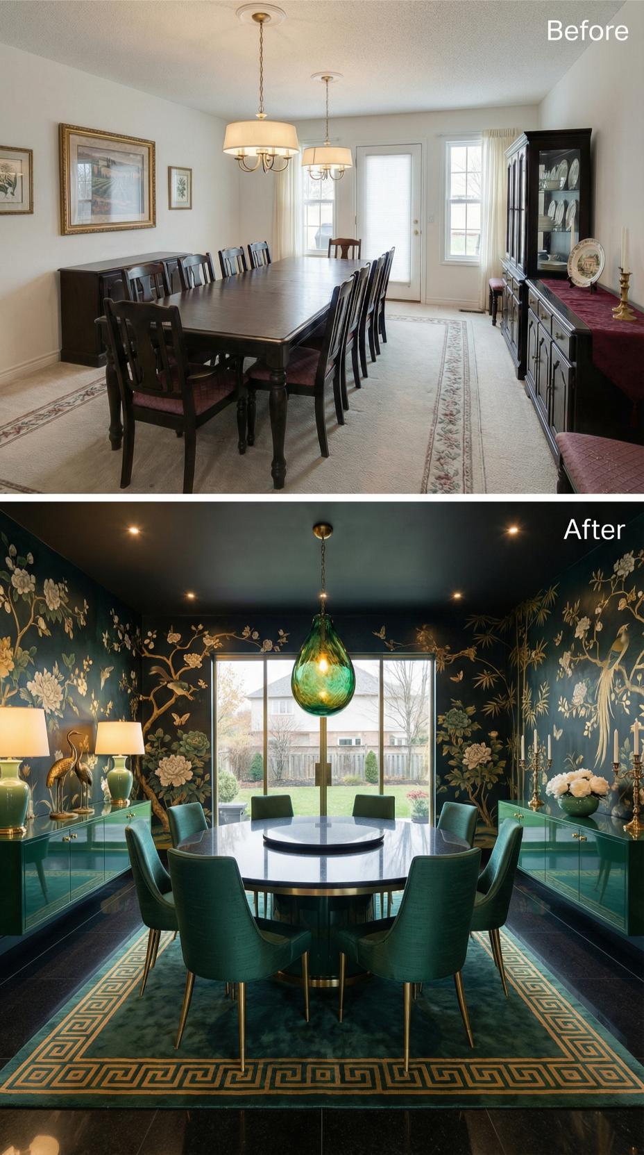 Chinoiserie Murals and Emerald Velvet Replace Traditional Cherry Furniture