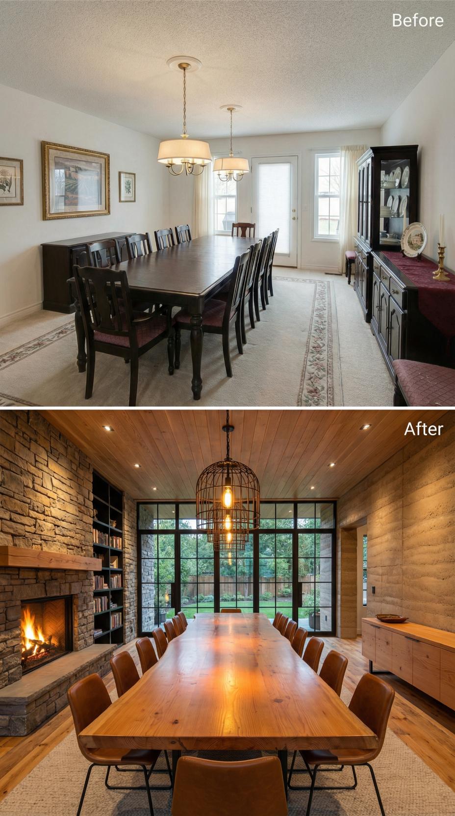 Tongue-and-Groove Cedar Ceiling and Stone Fireplace Replace Beige Carpet