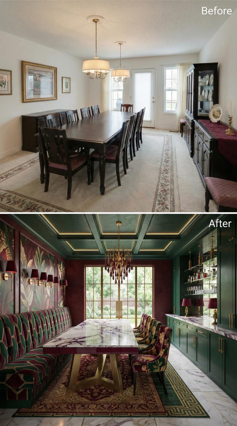 Floral Wallcovering and Coffered Tray Ceiling Replace Beige Carpeting