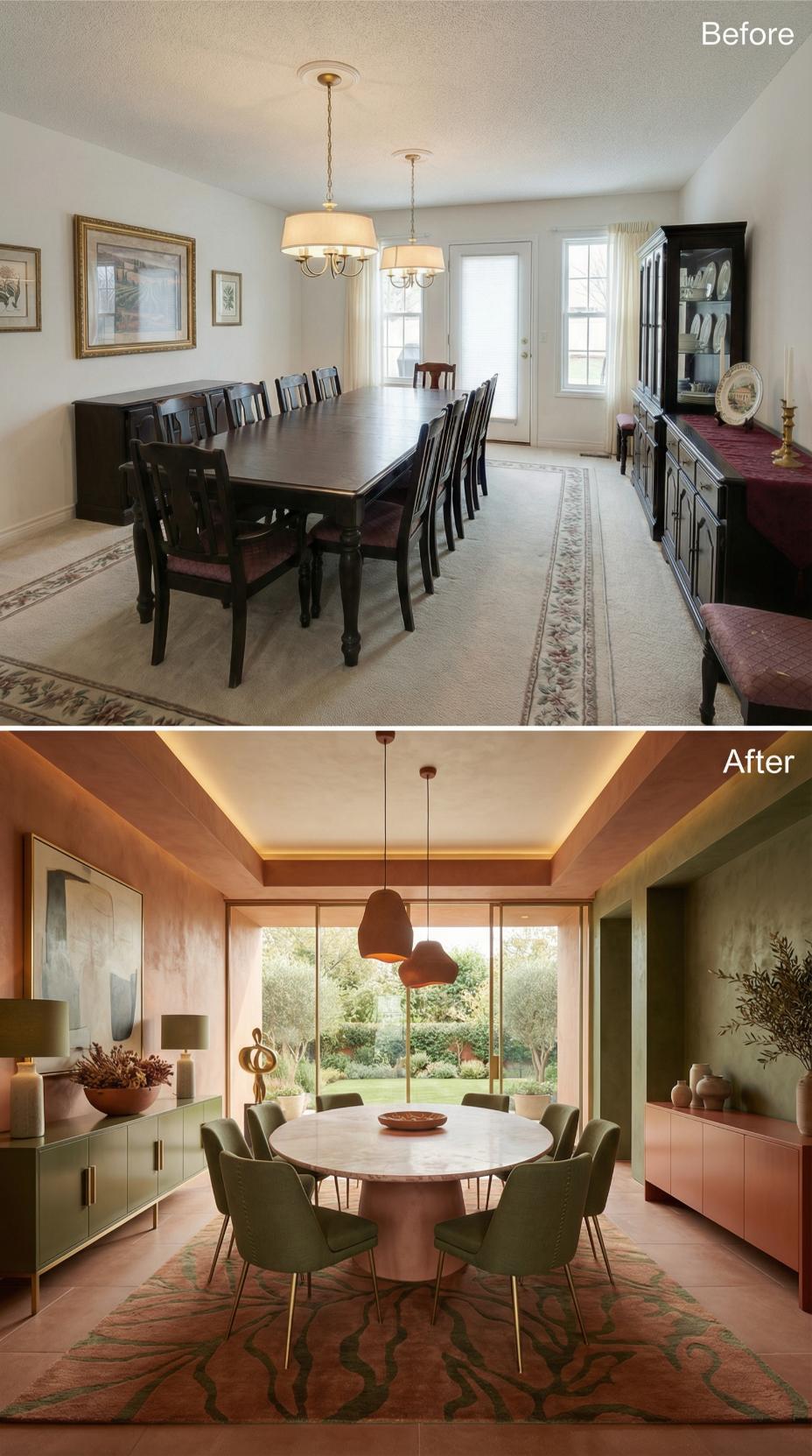 Terracotta Tray Ceiling and Marble Pedestal Table Replace Beige Carpeting