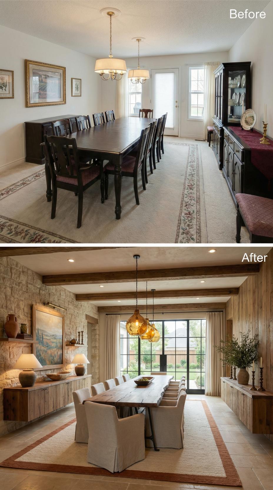Exposed Stone Accent Wall and Cedar Beams Replace Traditional Formality