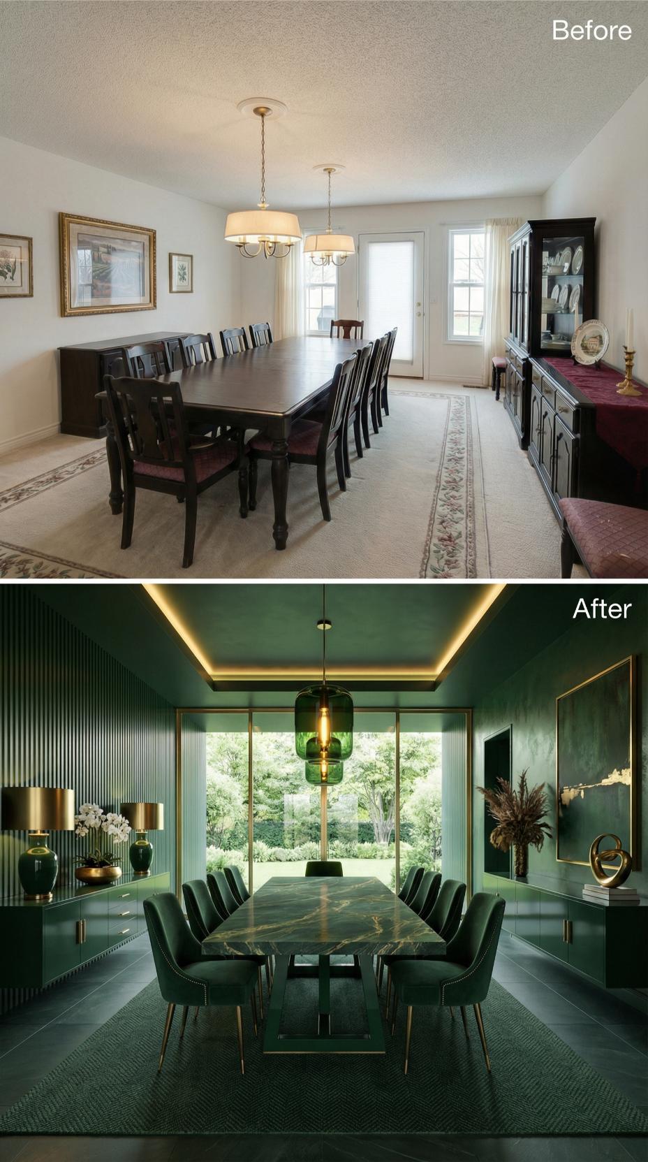 Emerald Velvet and Gold-Veined Marble Create a Jewel-Box Dining Retreat