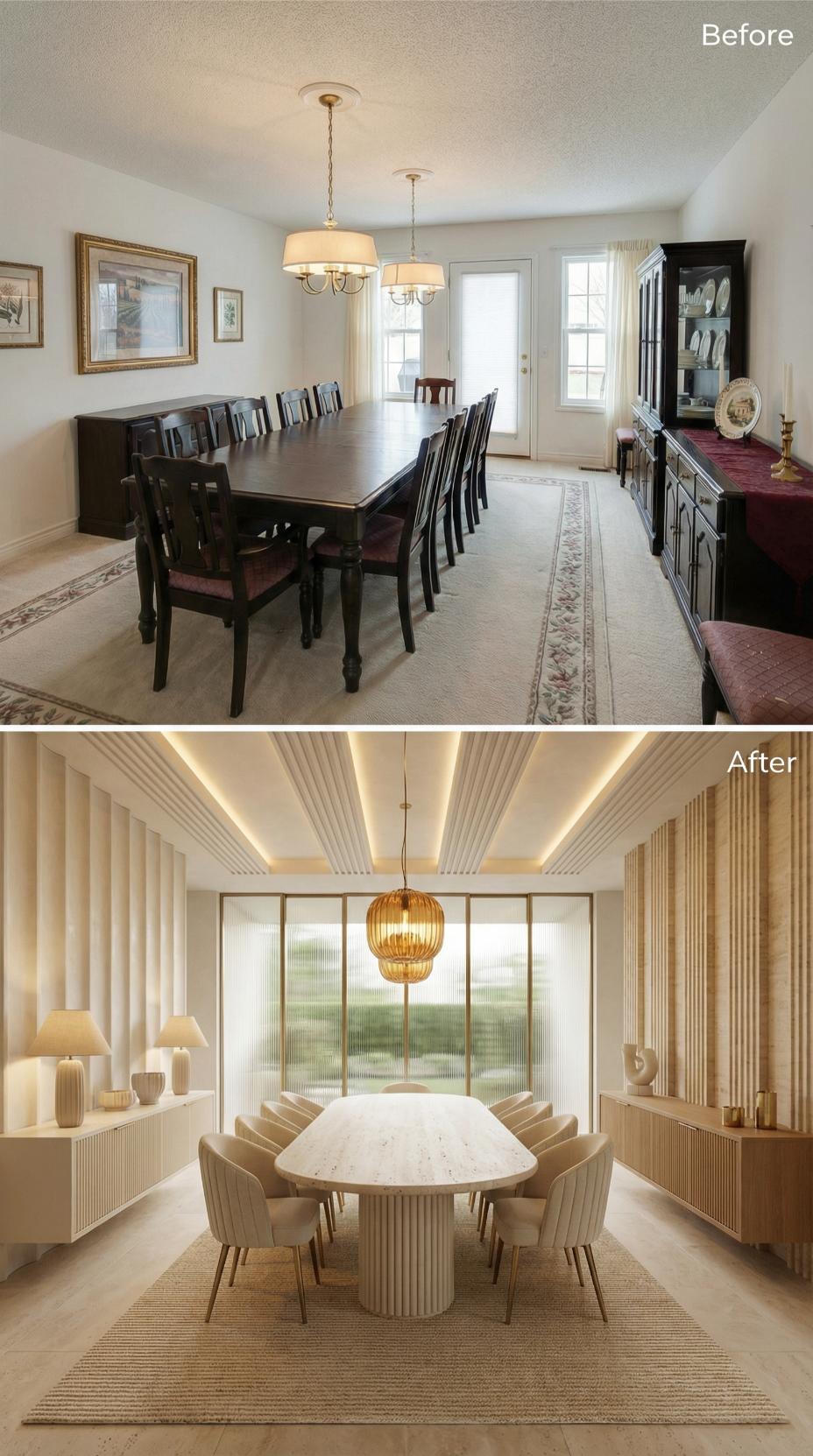 Traditional Dark Wood Replaced by Sculptural Fluted Panels and Warmth