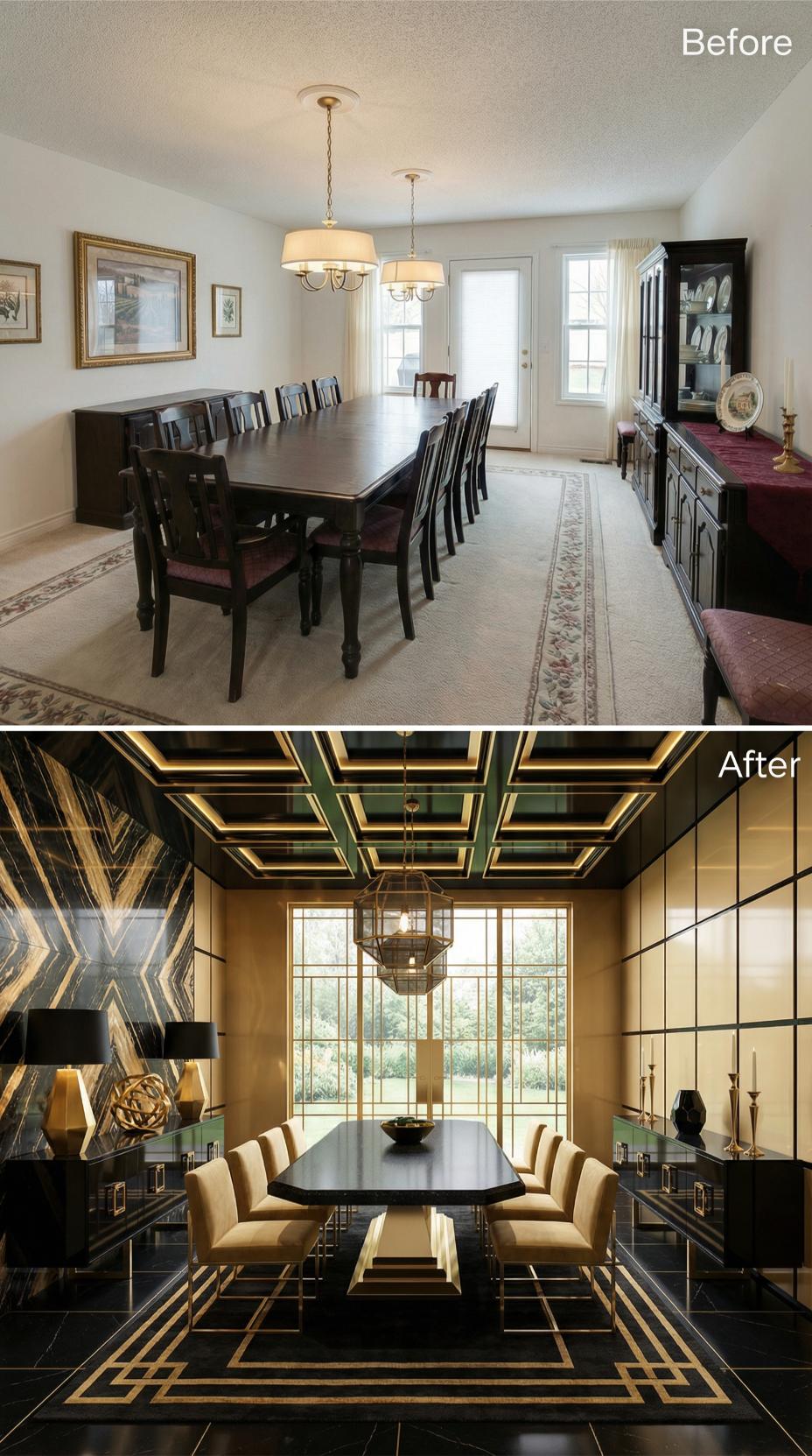 Black Marble Chevron Wall and Coffered Ceiling Replace Beige Plainness