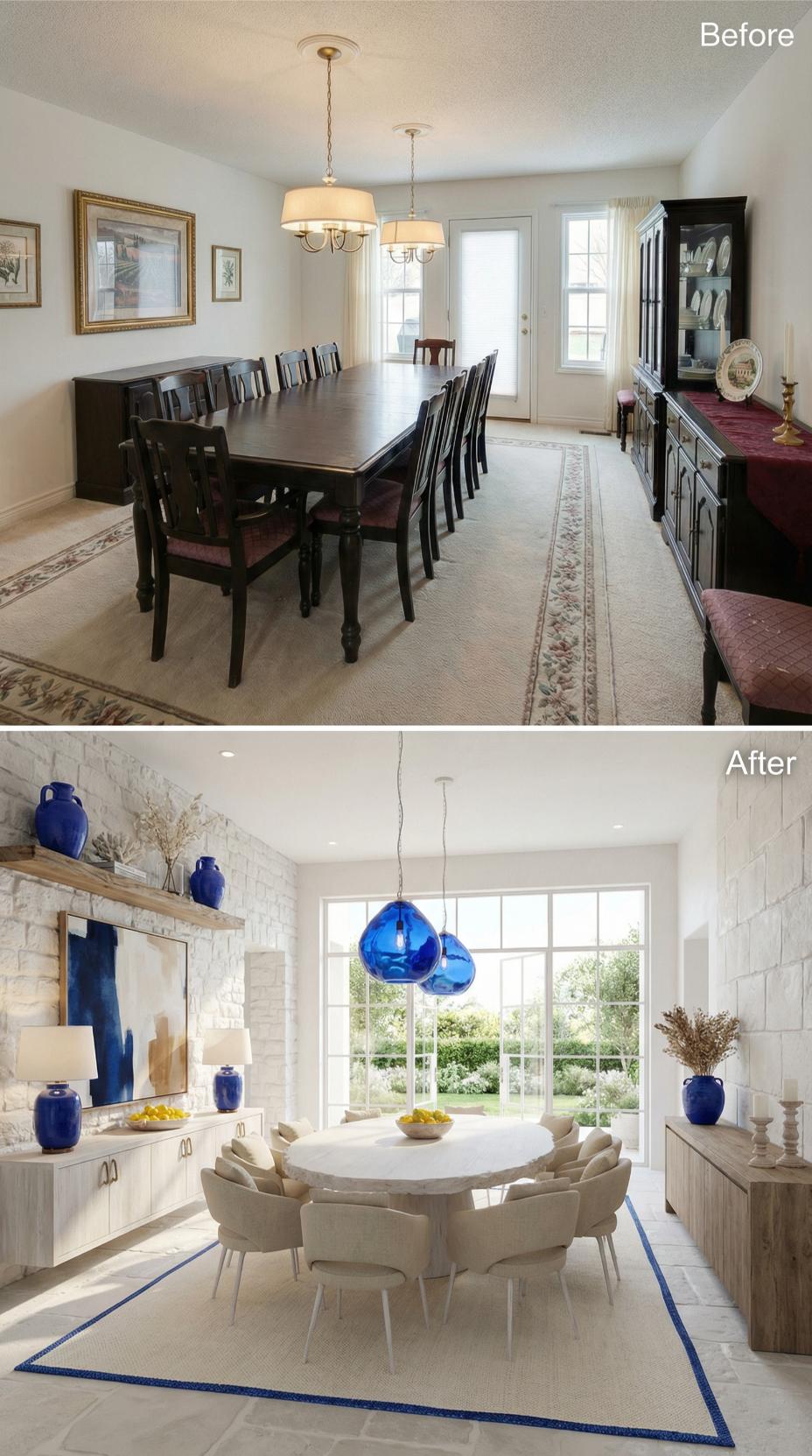 Whitewashed Stone and Cobalt Glass Pendants Replace Carpet and Cherry