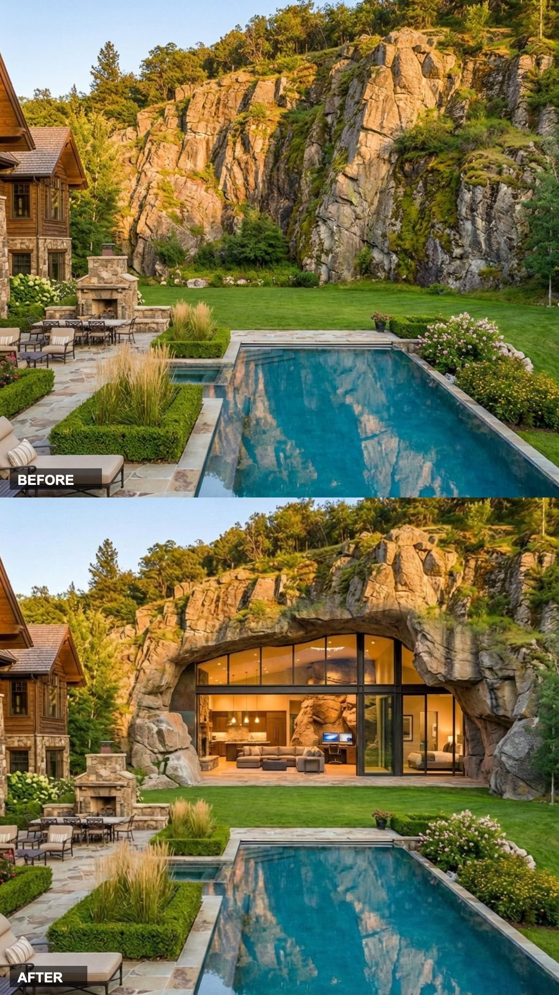Cave Suite With a View: Warm Timber and Bronze Glass Carved Into the Mountain