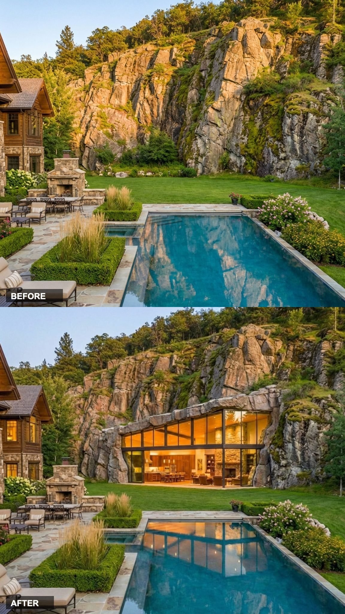 The Minimalist Cave Pavilion: Glass Flush With a Natural Rock Recess