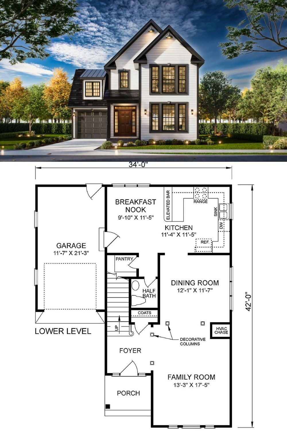 Craftsman-Style Garner 2 Home for a Narrow Lot with 3 Bedrooms (Floor Plan)