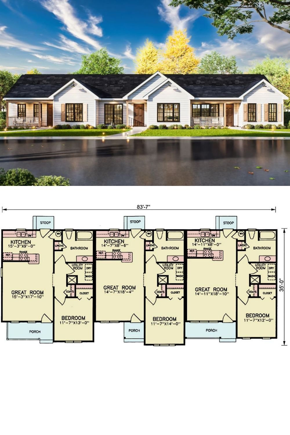 Hemingway Modern Farmhouse Triplex with 1-Bedroom Unit and Covered Front Porch (Floor Plan)