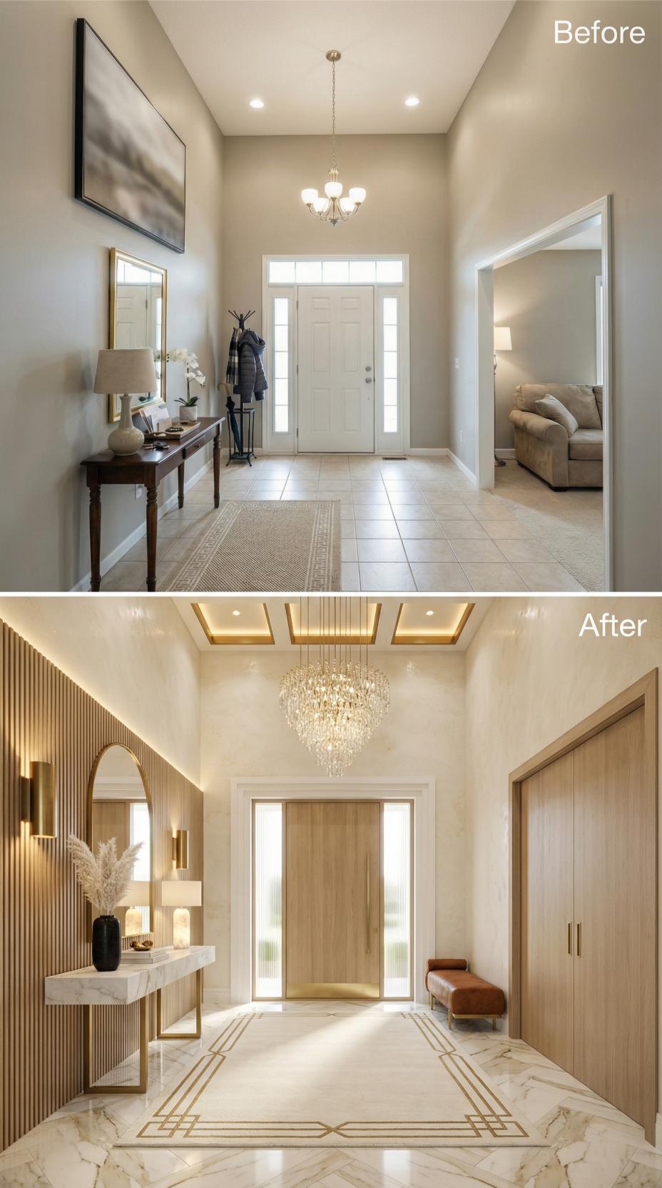 Vertical Slatted Panels and Cascading Crystal Chandelier Anchor the Entry