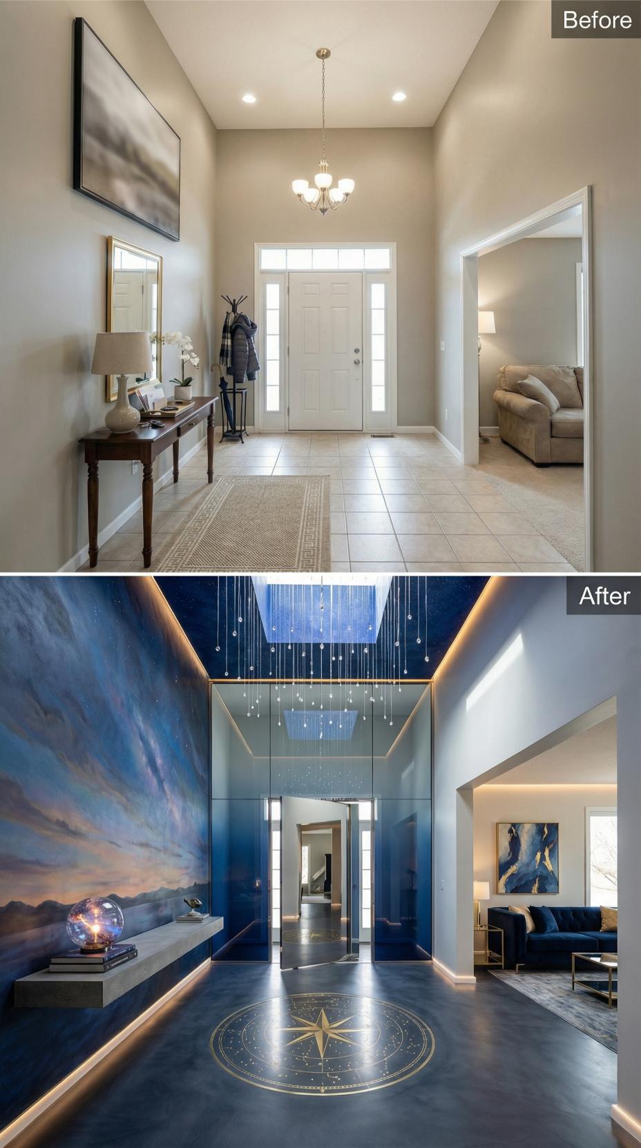 Celestial Skylight Installation with Floating Pendant Crystals