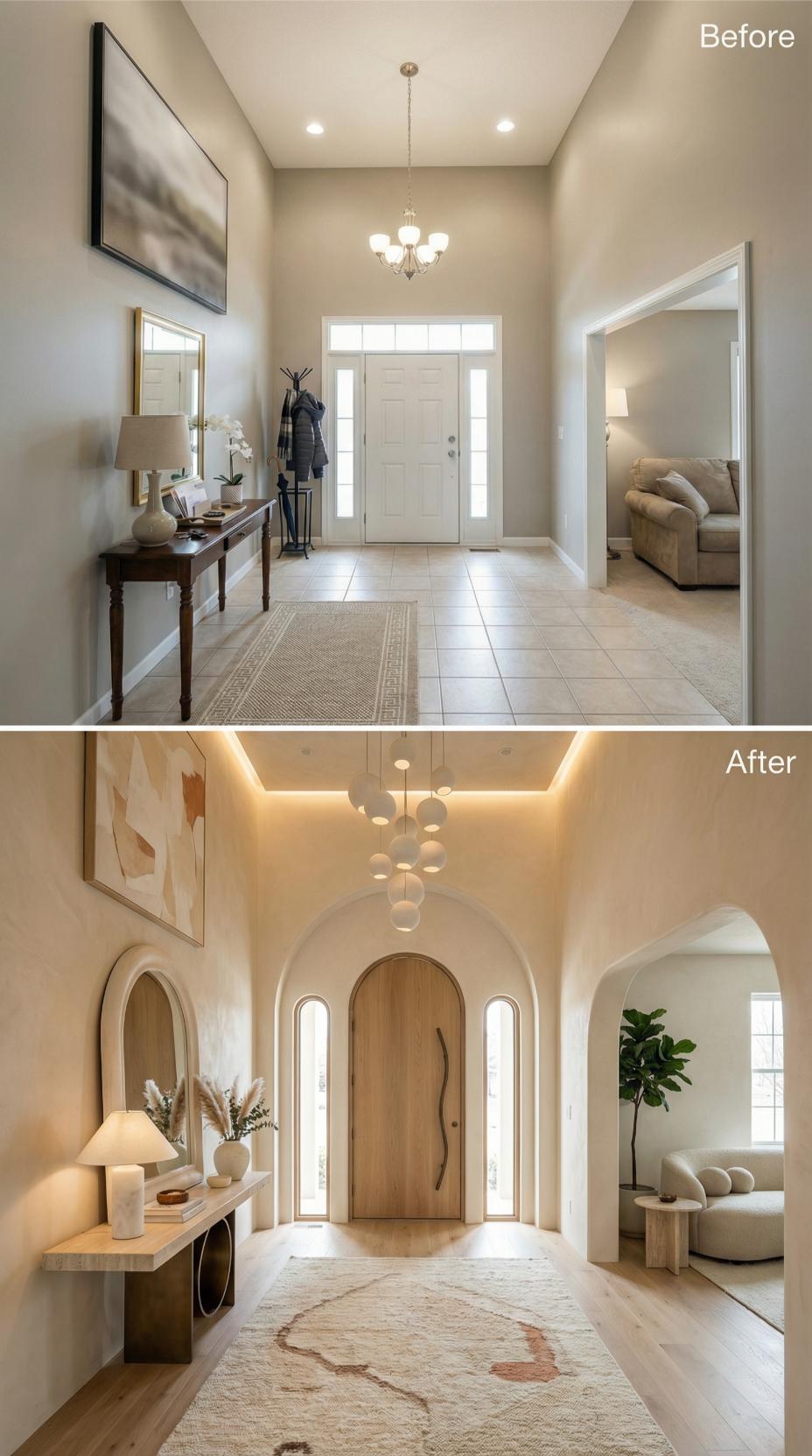 Cove-Lit Archways with Organic Wood Door and Sculpted Pendant Cloud