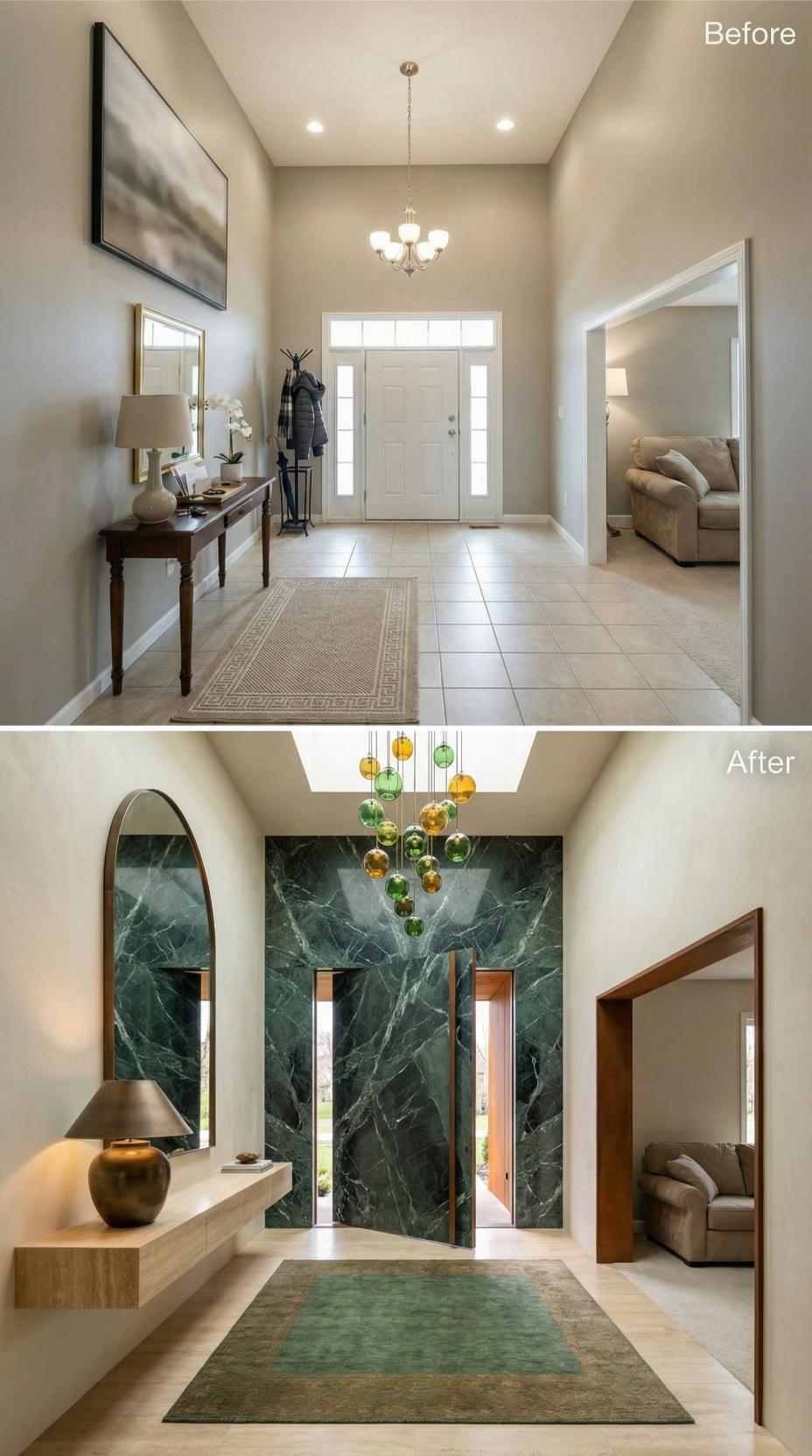 Green Marble Bookmatched Surround and Cascading Globe Pendant