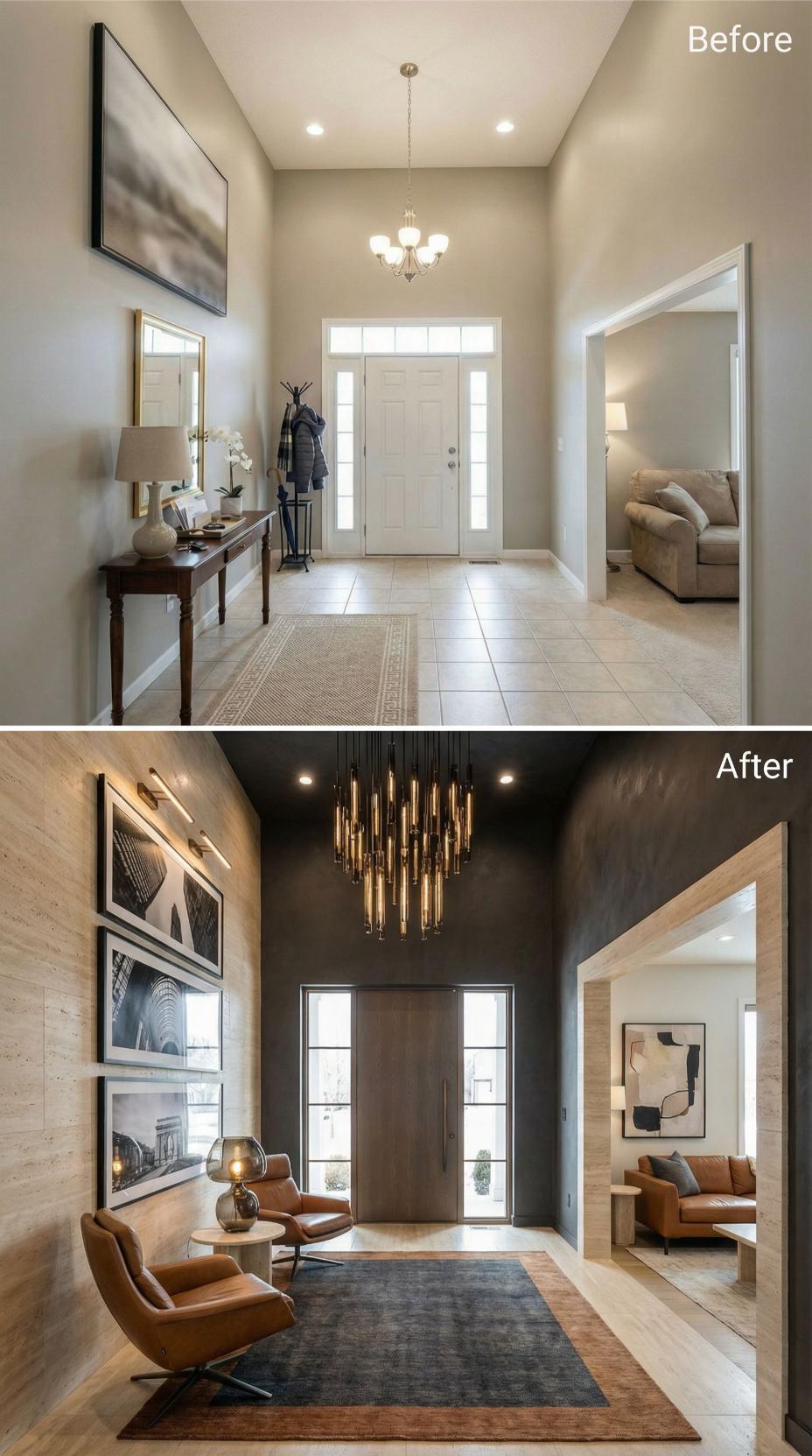 Charcoal Walls and Vertical Wood Paneling Redefine the Entry Volume