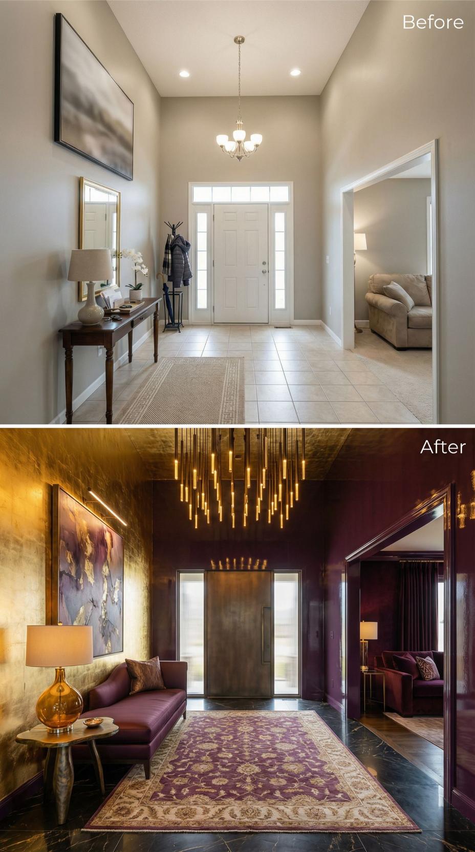 Gilded Tubular Chandelier and Burgundy Lacquered Walls Infuse Drama