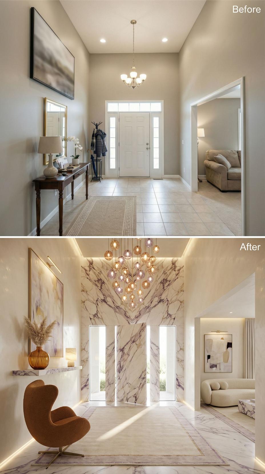 Bookmatched Calacatta Marble Wall and Sputnik Globe Chandelier