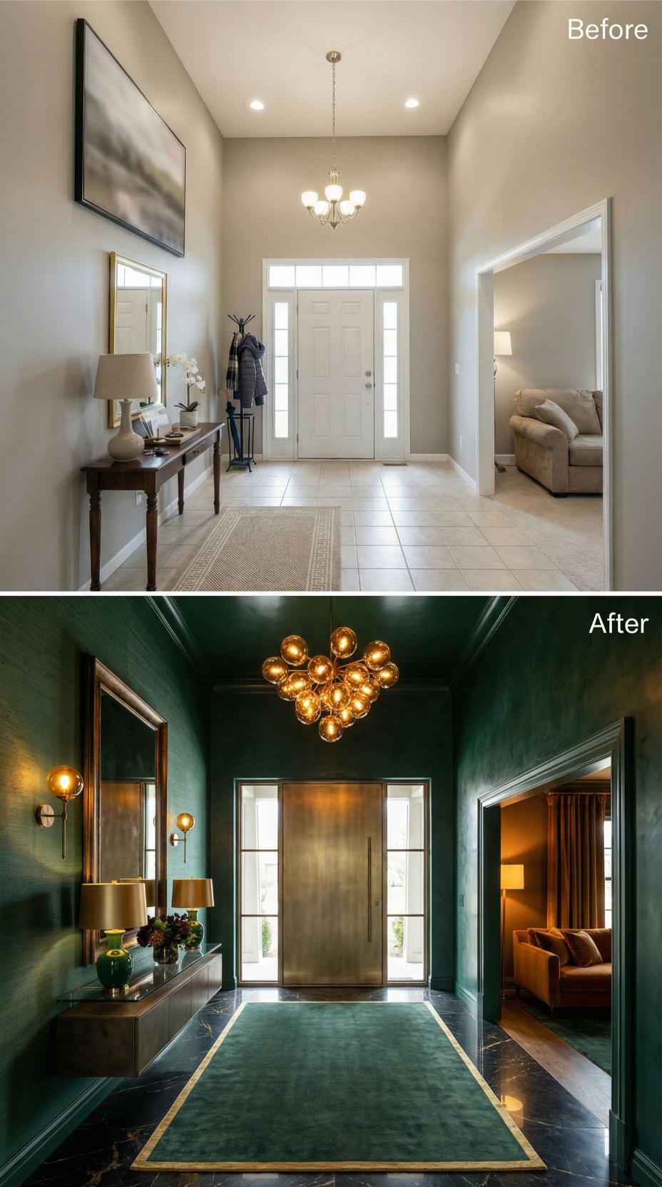 Emerald Lacquer and Bronze Sconces Build Jewel-Box Entry Drama