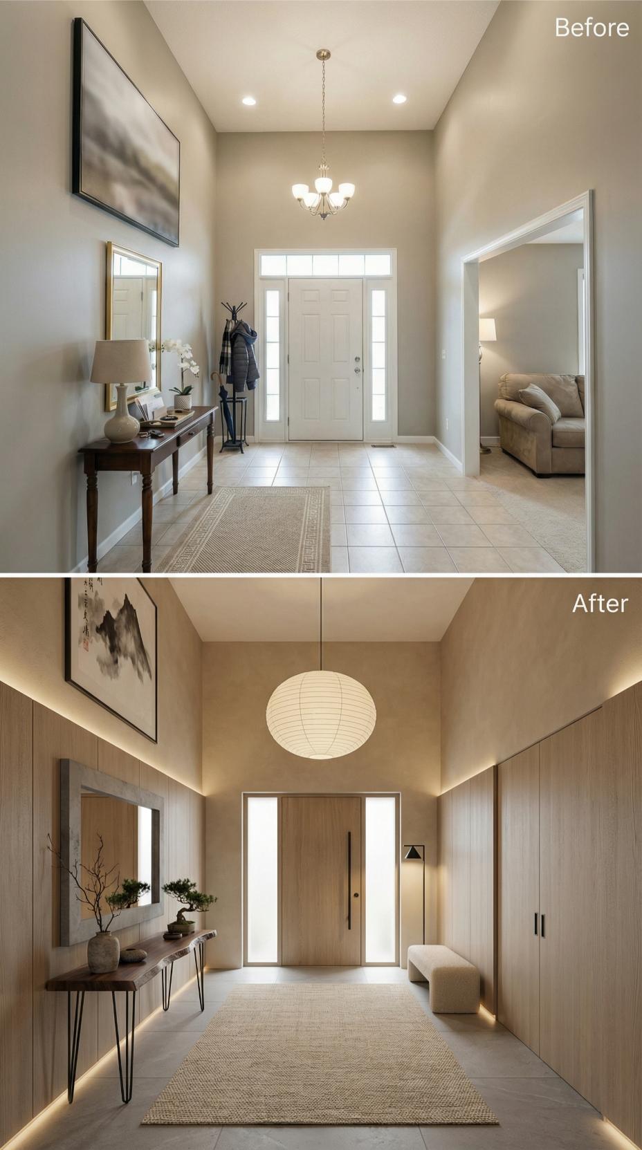 Warm Oak Paneling Wraps Walls with Integrated LED Cove Lighting
