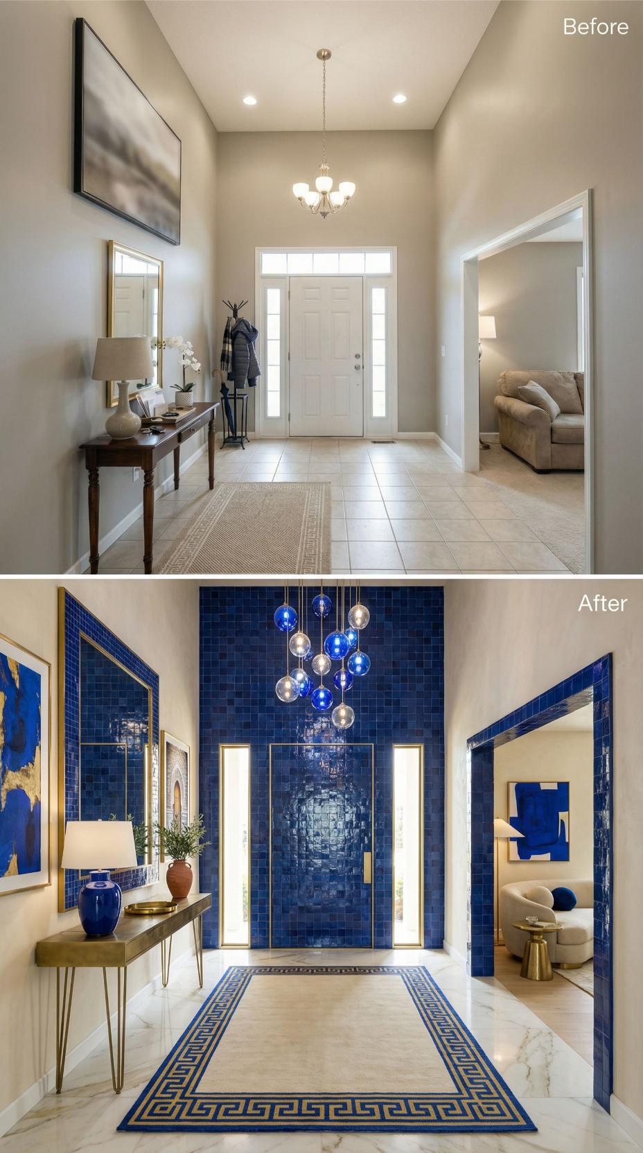 Cobalt Blue Zellige Tile Surround and Clustered Glass Globe Pendants